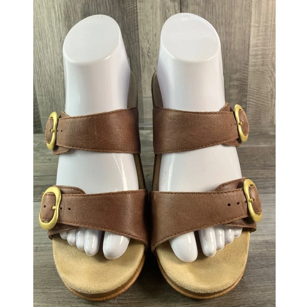 Dansko Brown Leather Two Strap Buckle Wedge Slide Sandals Clogs Size 39